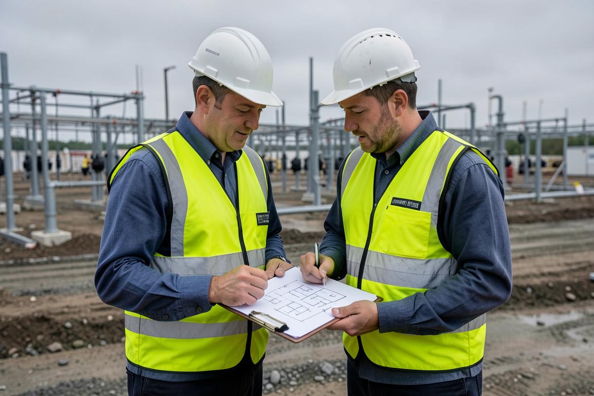 Two engineers reviewing electrical drawings on a substation construction site
