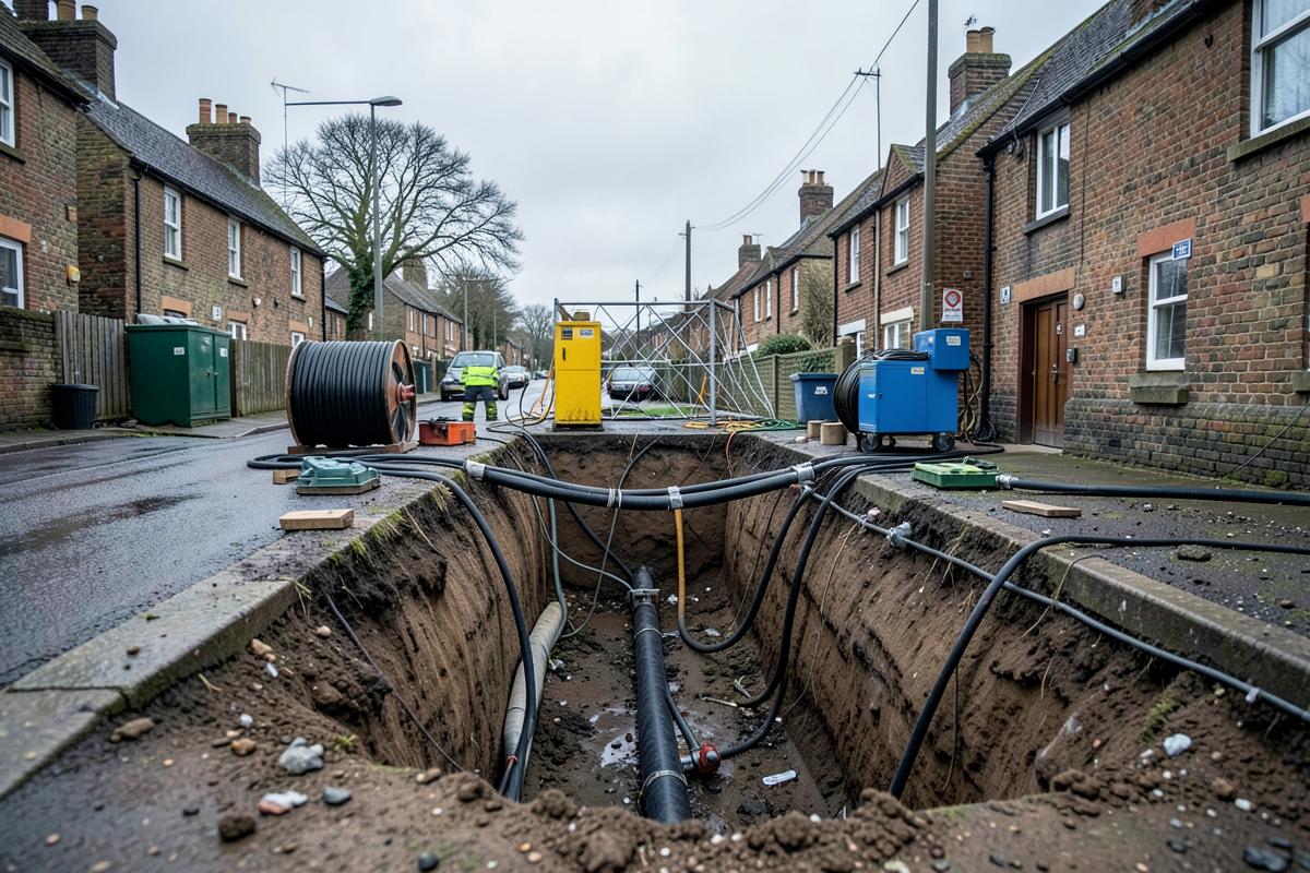 Cable jointing works and grid connection equipment in an open street trench
